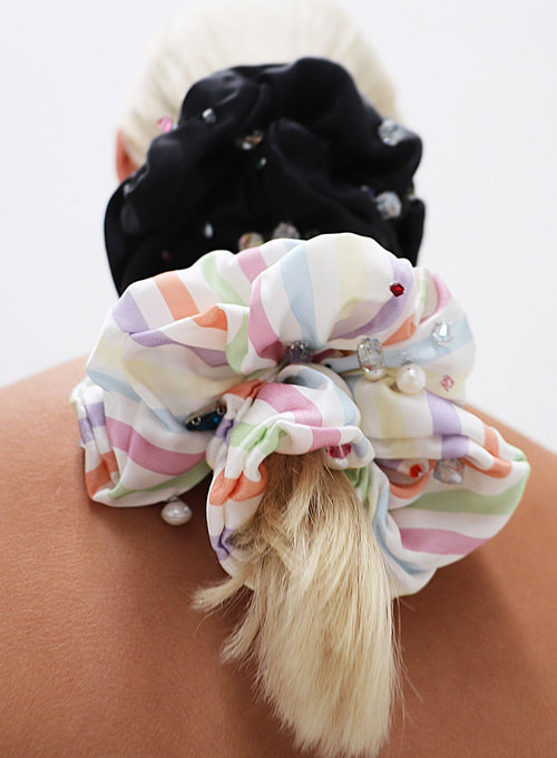 Harlow Embellished Oversized Silk Scrunchie - Stripe - The Particulars