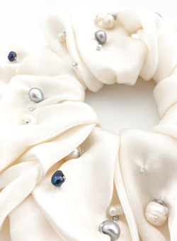 Oceania Cultured Pearl Embellished Silk Scrunchie - Pearl - The Particulars