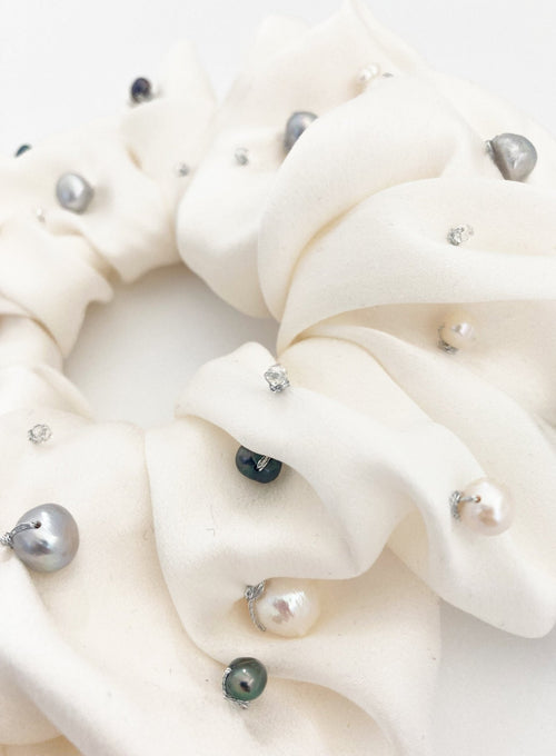 Oceania Cultured Pearl Embellished Silk Scrunchie - Pearl - The Particulars